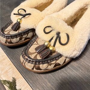 Coach Shearling Trimmed Loafers in Brown and Cream